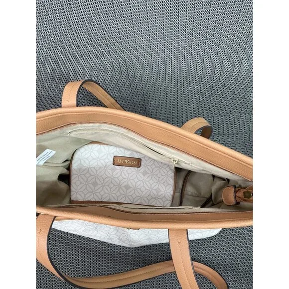 Rosetti Beige & Tan Tote Bag With Geometric Pattern & Matching Pouch - Picture 4 of 13